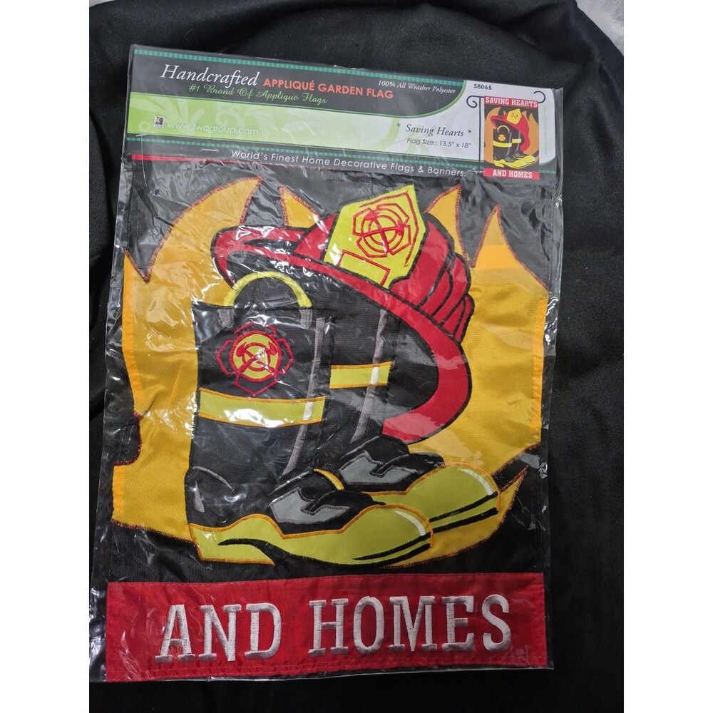 VTG Firefighter Hancrafted Applique 13.5 x18 Garden Flag Saving Hearts and Homes